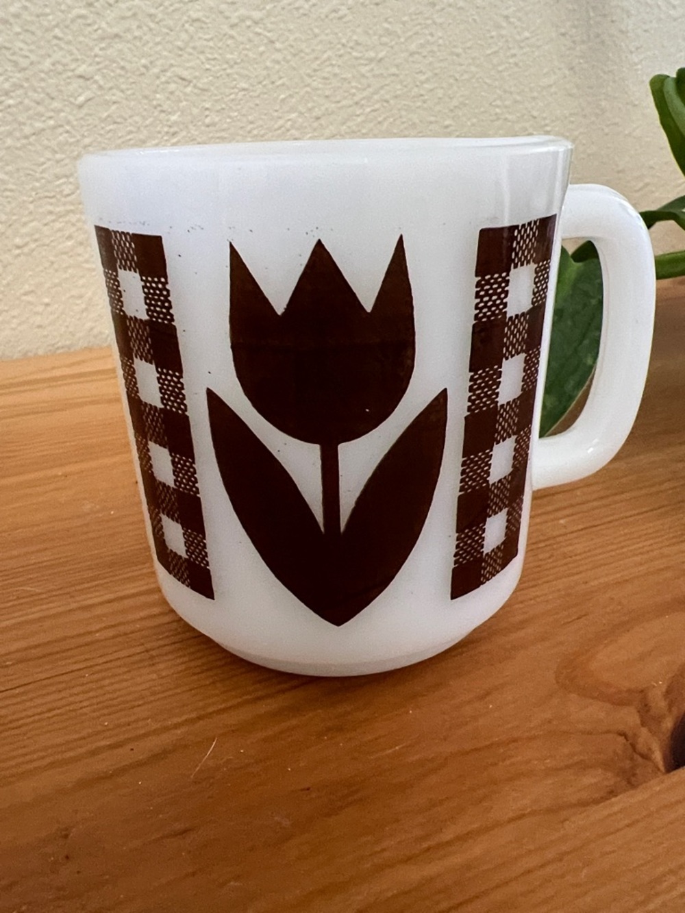 White Glasbake Milk Glass Mug with Brown Tulip and Checkered Pattern
